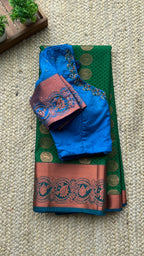 Green and blue silk saree with hand worked blouse