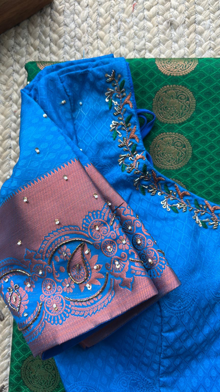 Green and blue silk saree with hand worked blouse
