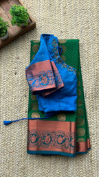 Green and blue silk saree with hand worked blouse