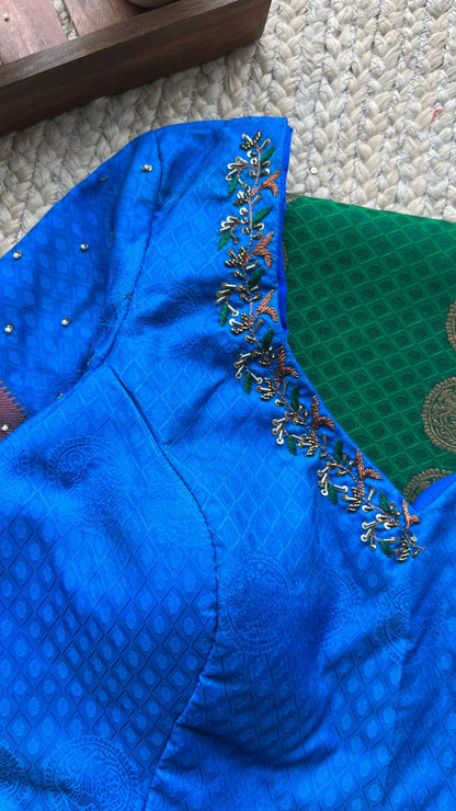 (Free full predraping ) Green and blue silk saree with hand worked blouse