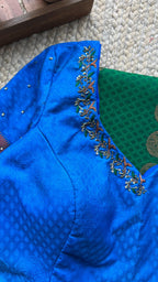 Green and blue silk saree with hand worked blouse