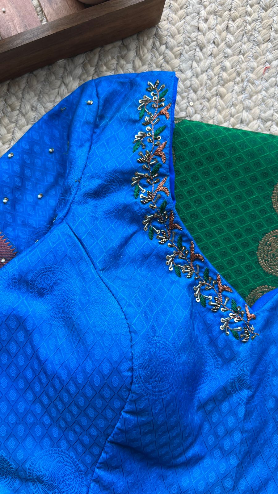 Green and blue silk saree with hand worked blouse