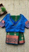 Green and blue silk saree with hand worked blouse