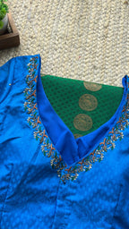 Green and blue silk saree with hand worked blouse