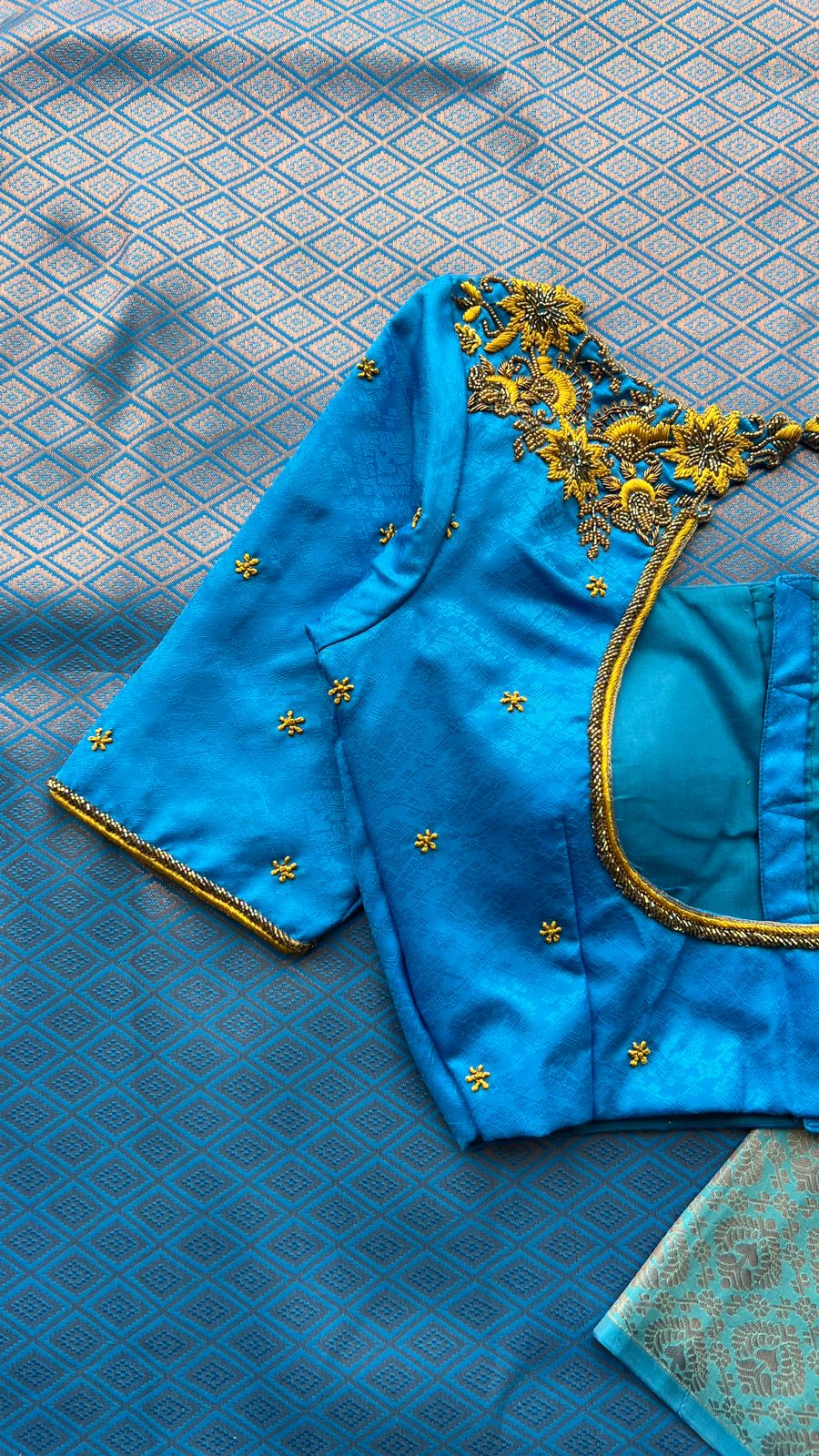(Free full predraping ) Blue and blue silk saree with hand worked blouse