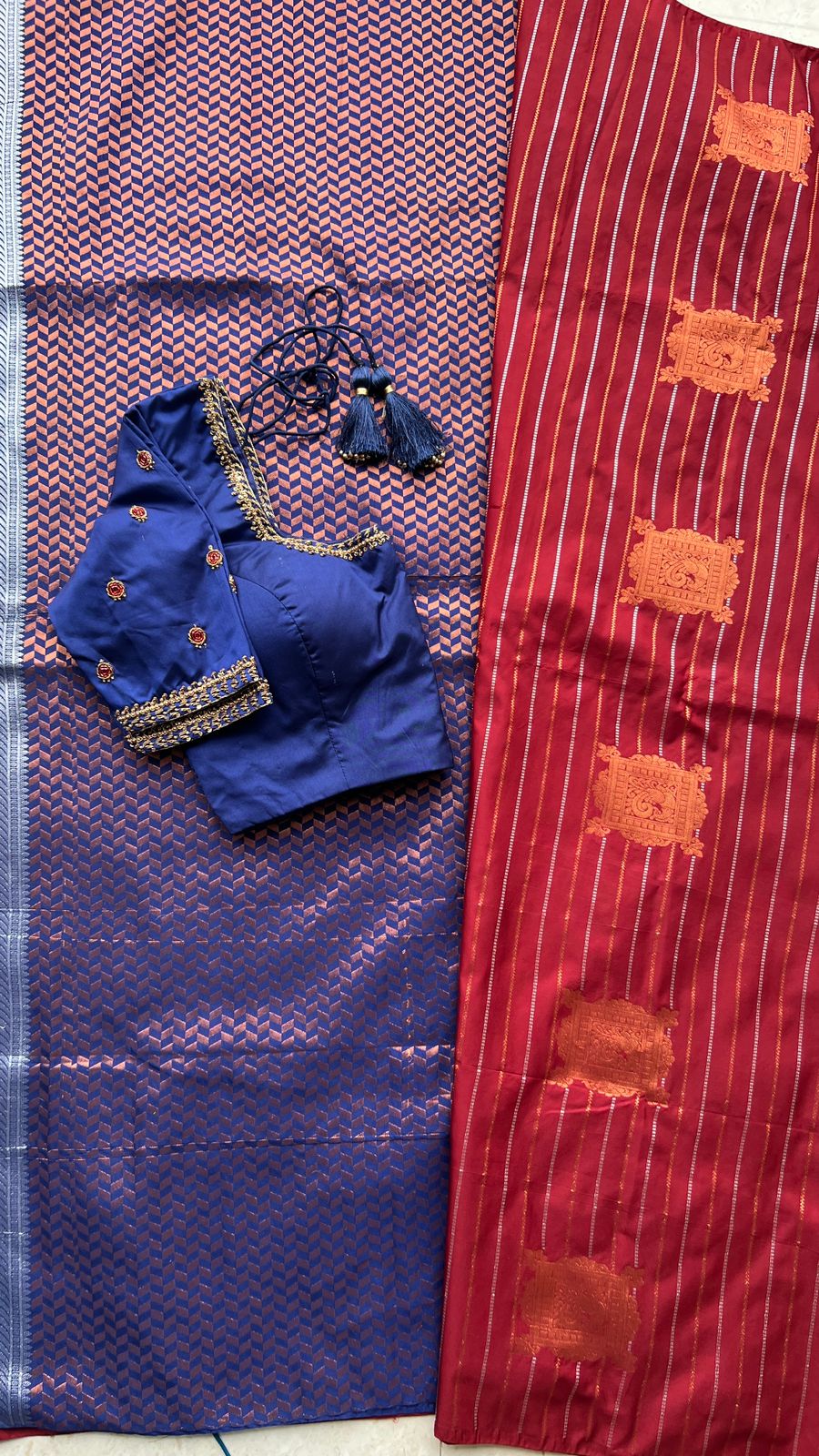 (Free full predraping ) Brown and blue silk saree with hand worked blouse
