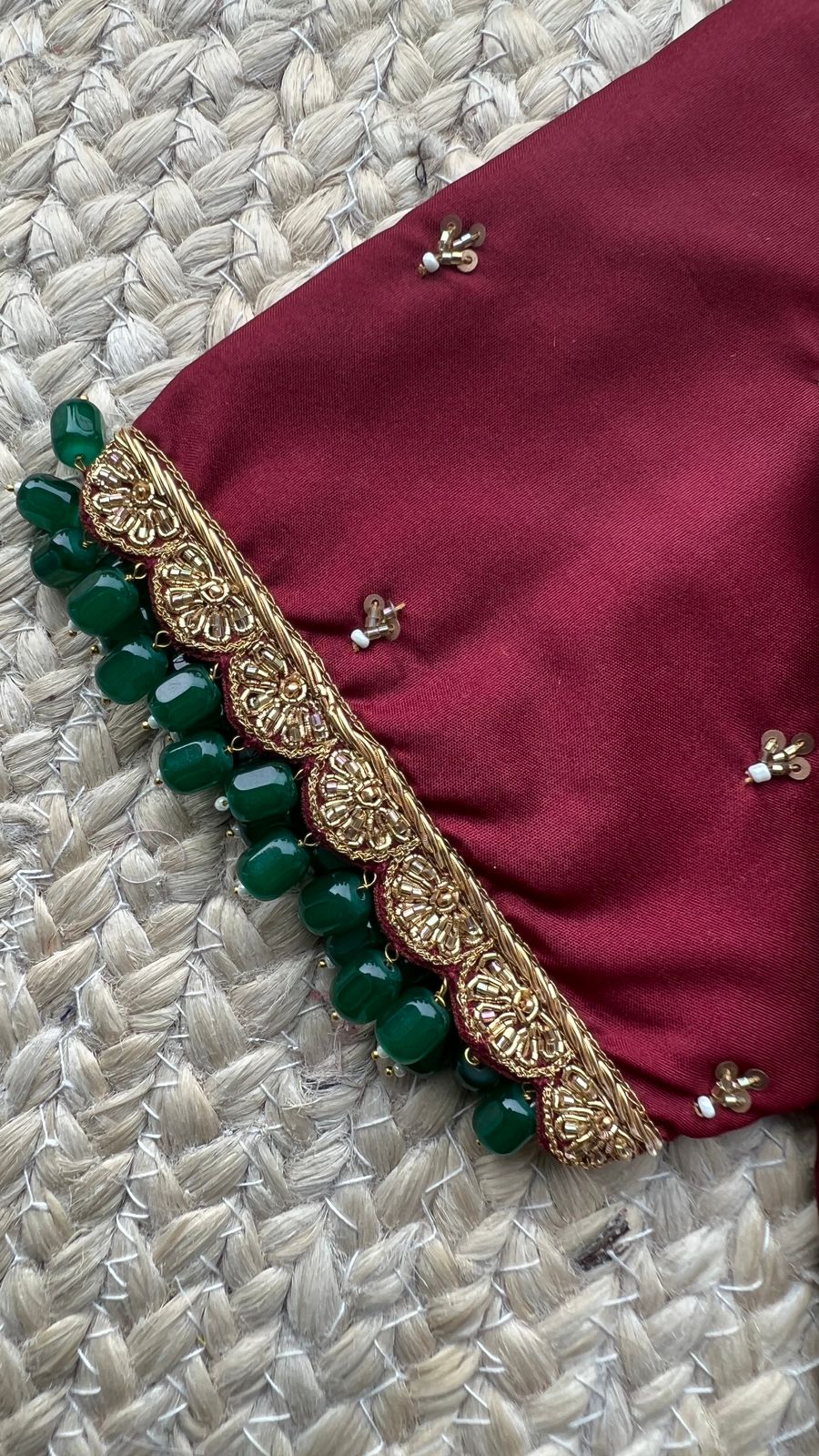 (Free full predraping ) Bottle green and maroon silk saree with hand worked blouse