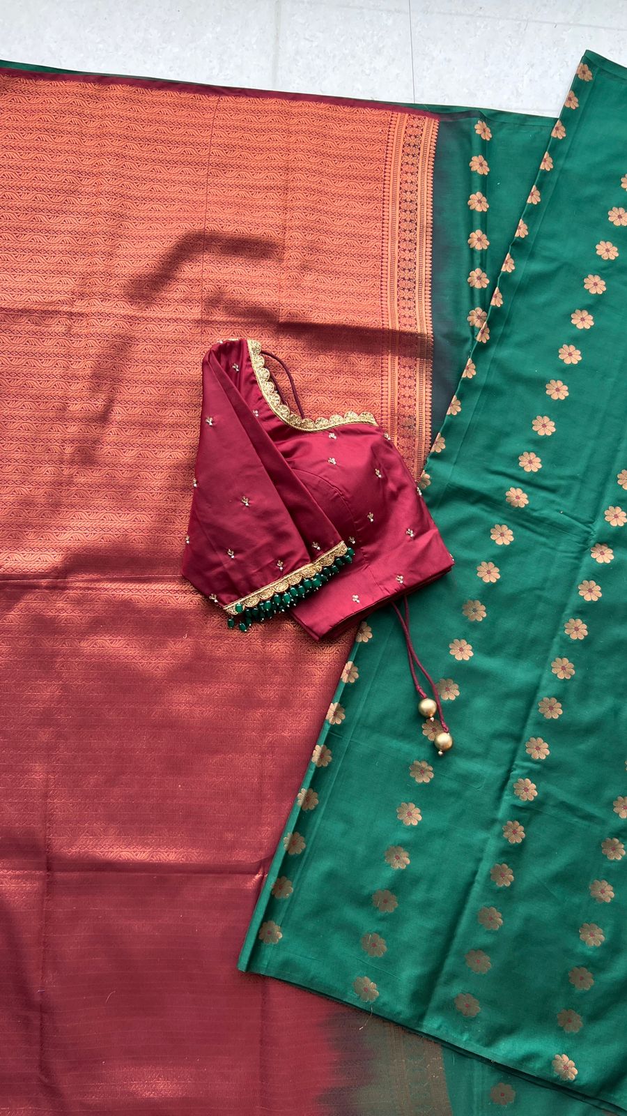 (Free full predraping ) Bottle green and maroon silk saree with hand worked blouse