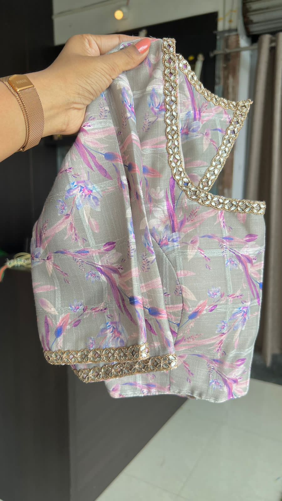 Lavender marble silk saree with handwork blouse