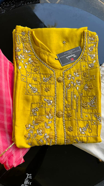 Yellow silk embroidery handwork 3 piece kurti set