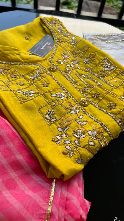 Yellow silk embroidery handwork 3 piece kurti set