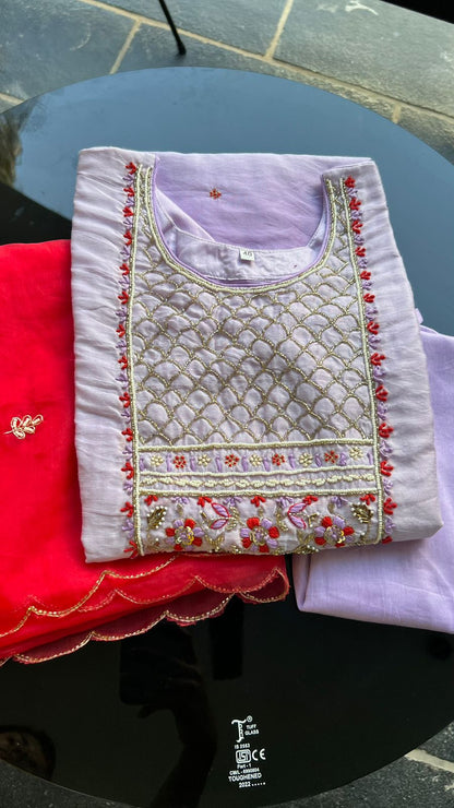 Ombre purple silk embroidery handwork 3 piece kurti set