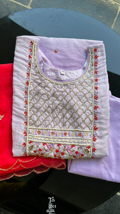 Ombre purple silk embroidery handwork 3 piece kurti set