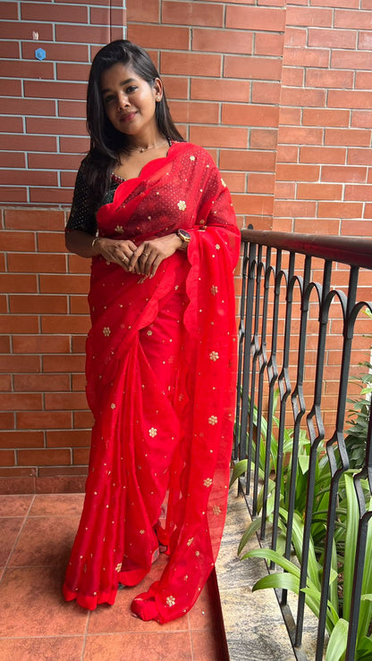 Red organza saree with greenish black handwork blouse