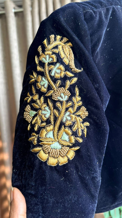 Floral organza saree with black handwork blouse