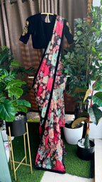 Floral organza saree with black handwork blouse