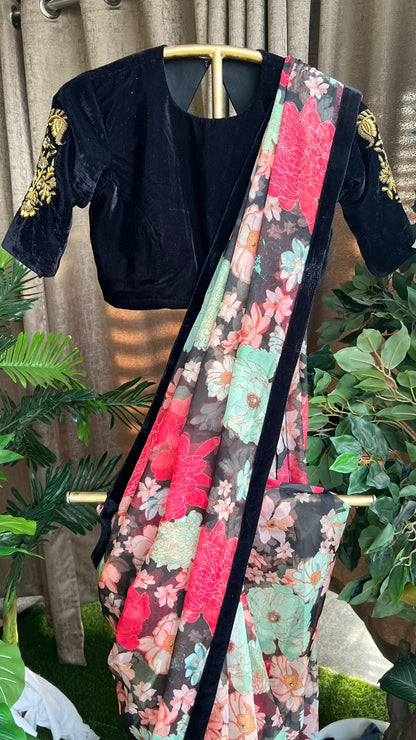 Floral organza saree with black handwork blouse