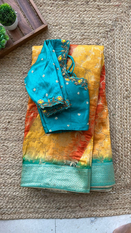 Yellow & orange banarasi saree with blue handworked blouse