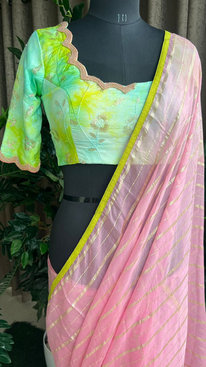 Pink georgette designer saree with hand worked blouse