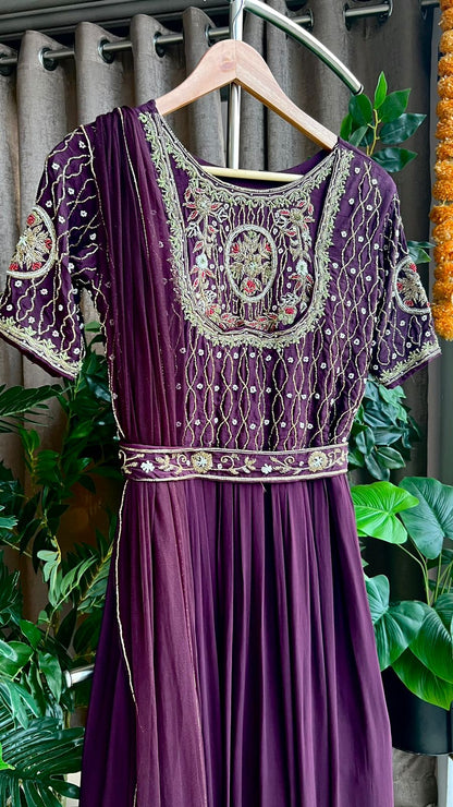 Wine georgette embroidery hand worked gown