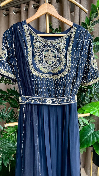 Midnight blue georgette embroidery hand worked gown