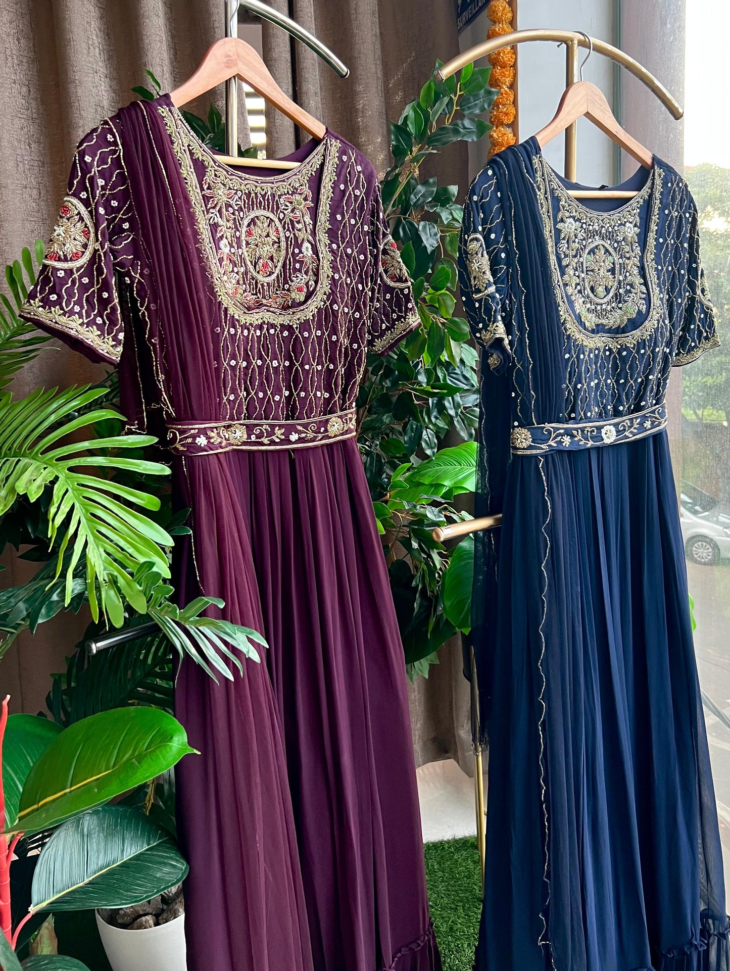 Midnight blue georgette embroidery hand worked gown