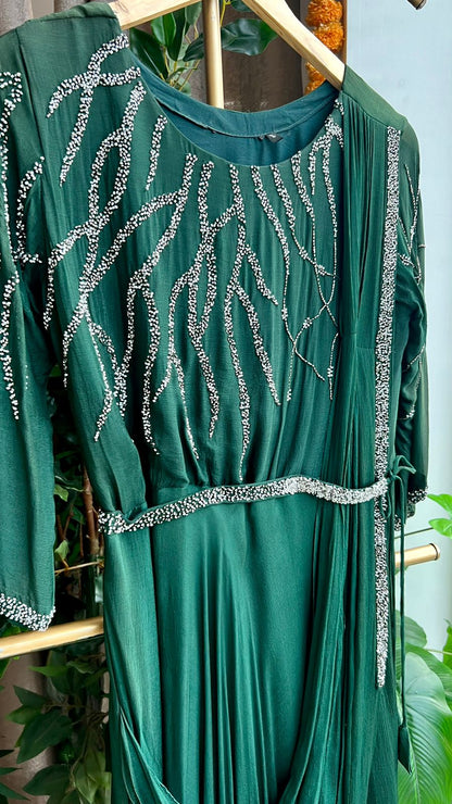 Bottle green marble embroidery hand worked gown