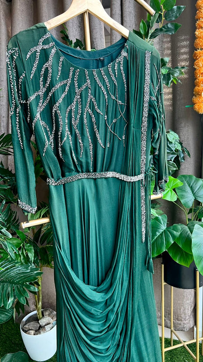 Bottle green marble embroidery hand worked gown