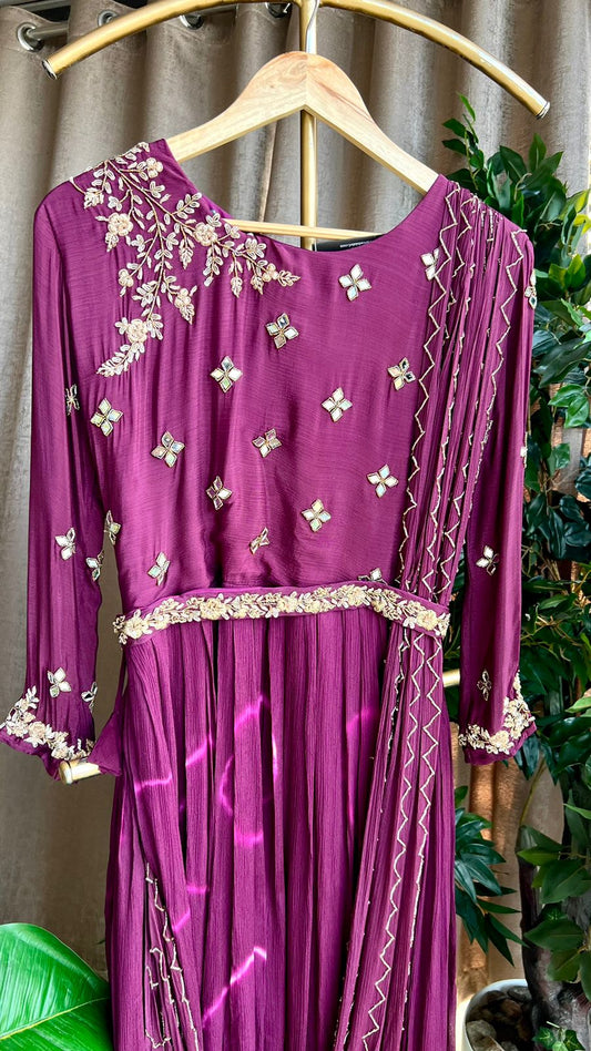 Pinkish wine marble embroidery mirror hand worked gown