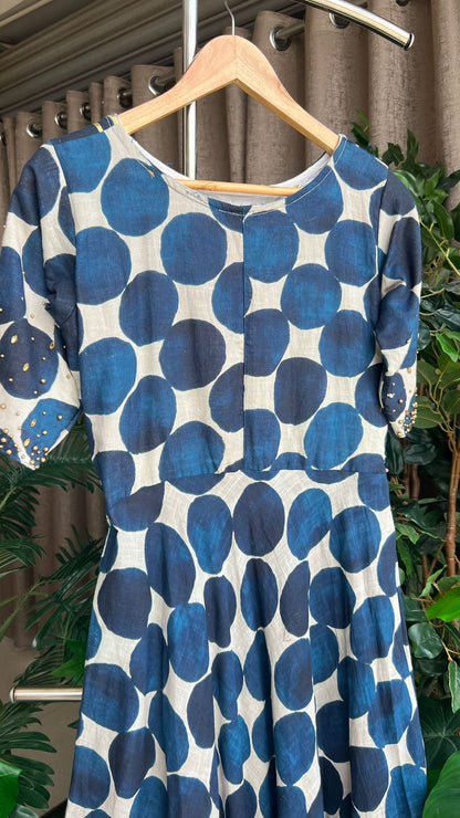 Blue & white cotton embroidered kurti maxi dress