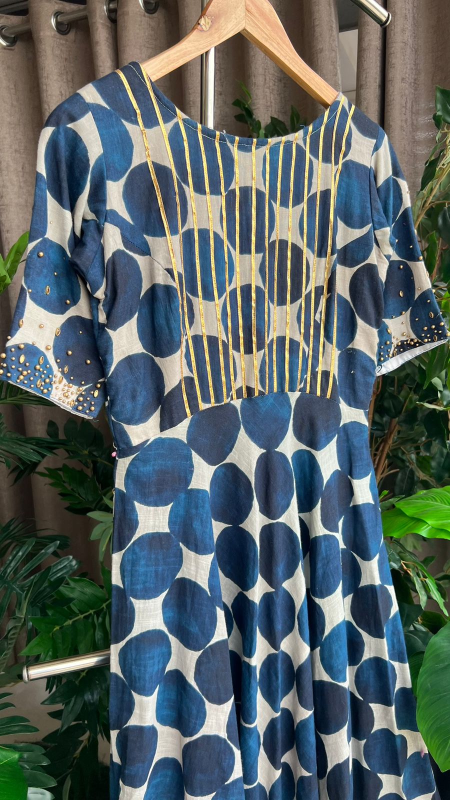 Blue & white cotton embroidered kurti maxi dress