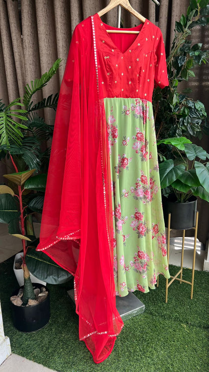 Green and red salwar suit of hand worked top and Duppata