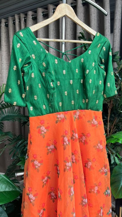 Bottle green & orange organza embroidery maxi dress