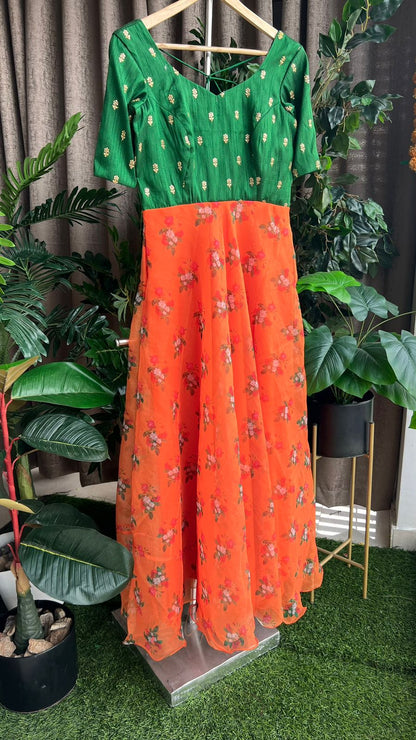 Bottle green & orange organza embroidery maxi dress