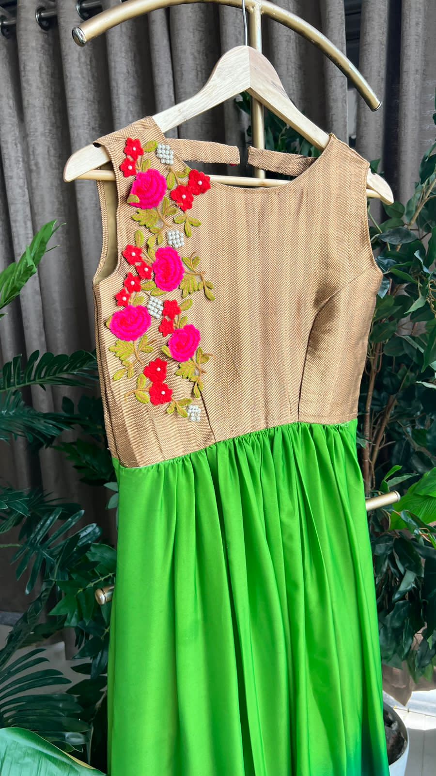 Gold & green embroidery maxi dress