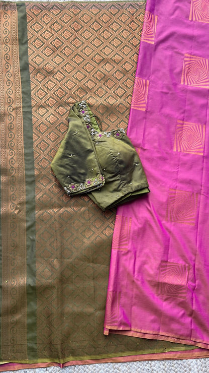 Pink and mehandi silk saree with hand worked blouse