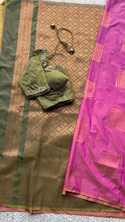 Pink and mehandi silk saree with hand worked blouse
