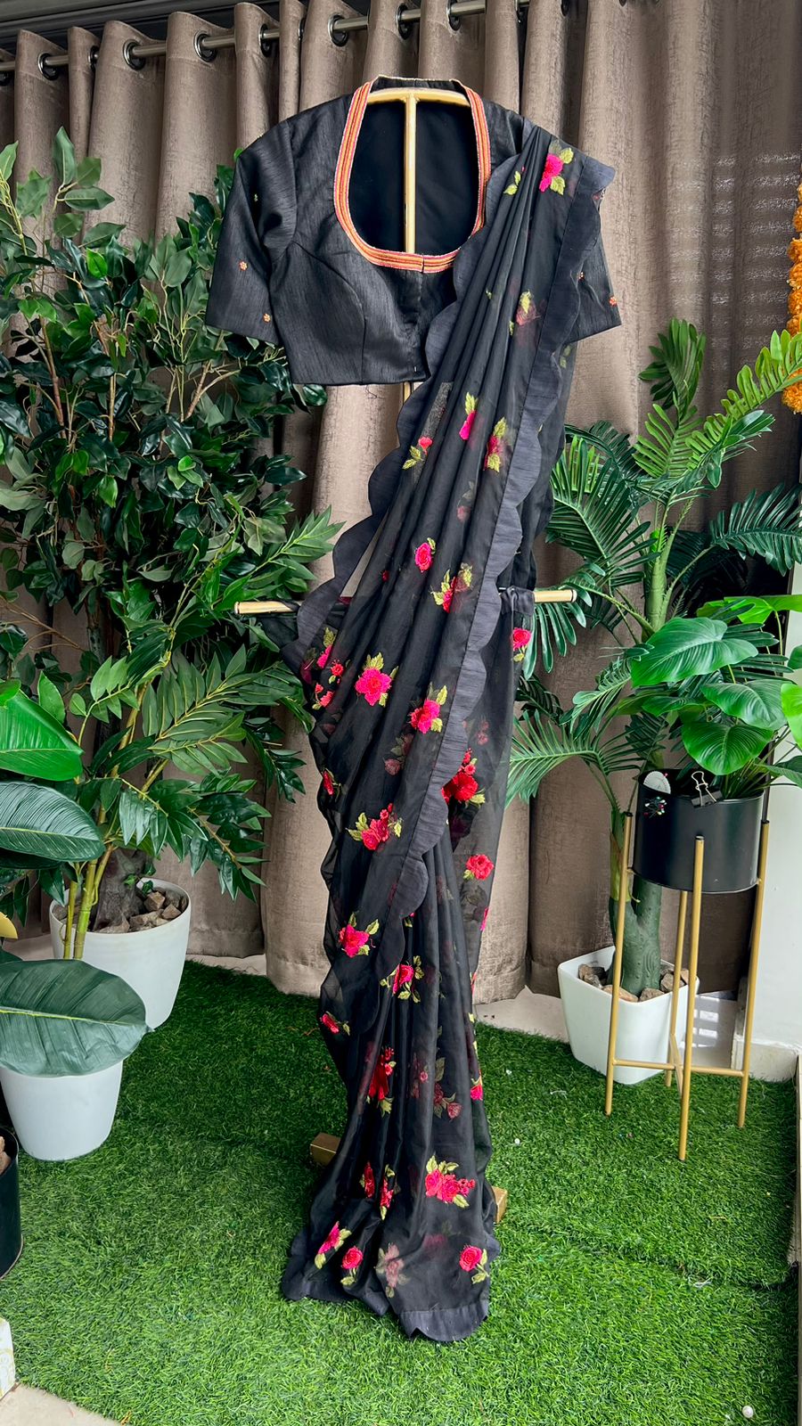 Black organza saree with black handwork blouse
