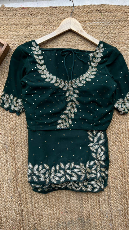 Bottle green georgette designer saree with handwork blouse