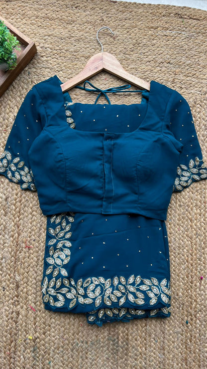 Blue georgette designer saree with handwork blouse