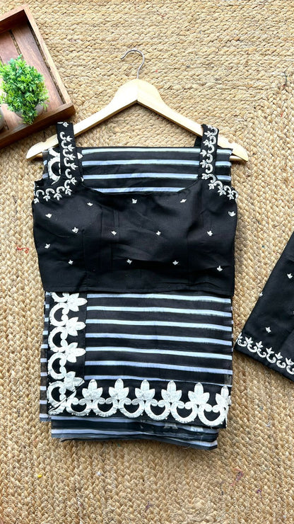 Black & white organza designer saree with handwork blouse