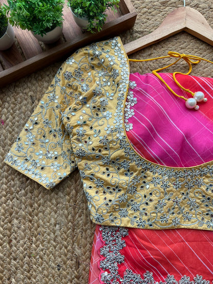 Multi soft organza saree with embroidery yellow blouse