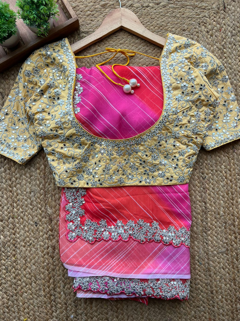Multi soft organza saree with embroidery yellow blouse