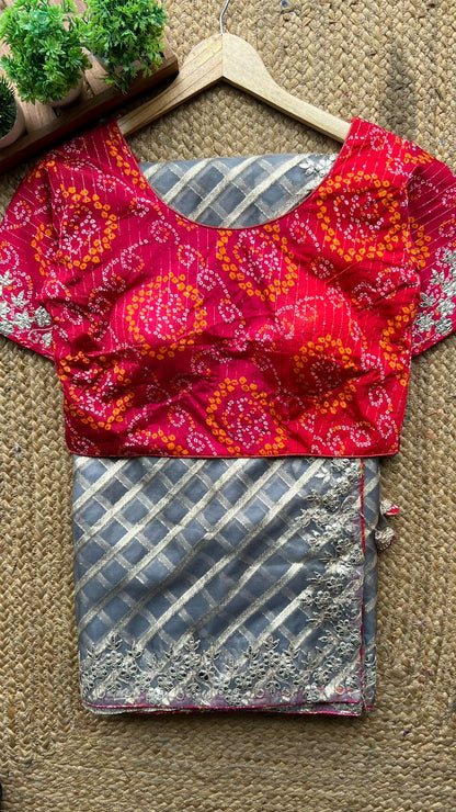 Grey organza saree with chiffon embroidery blouse