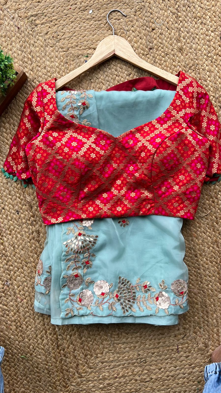 Sea blue soft organza saree with Banarasi blouse