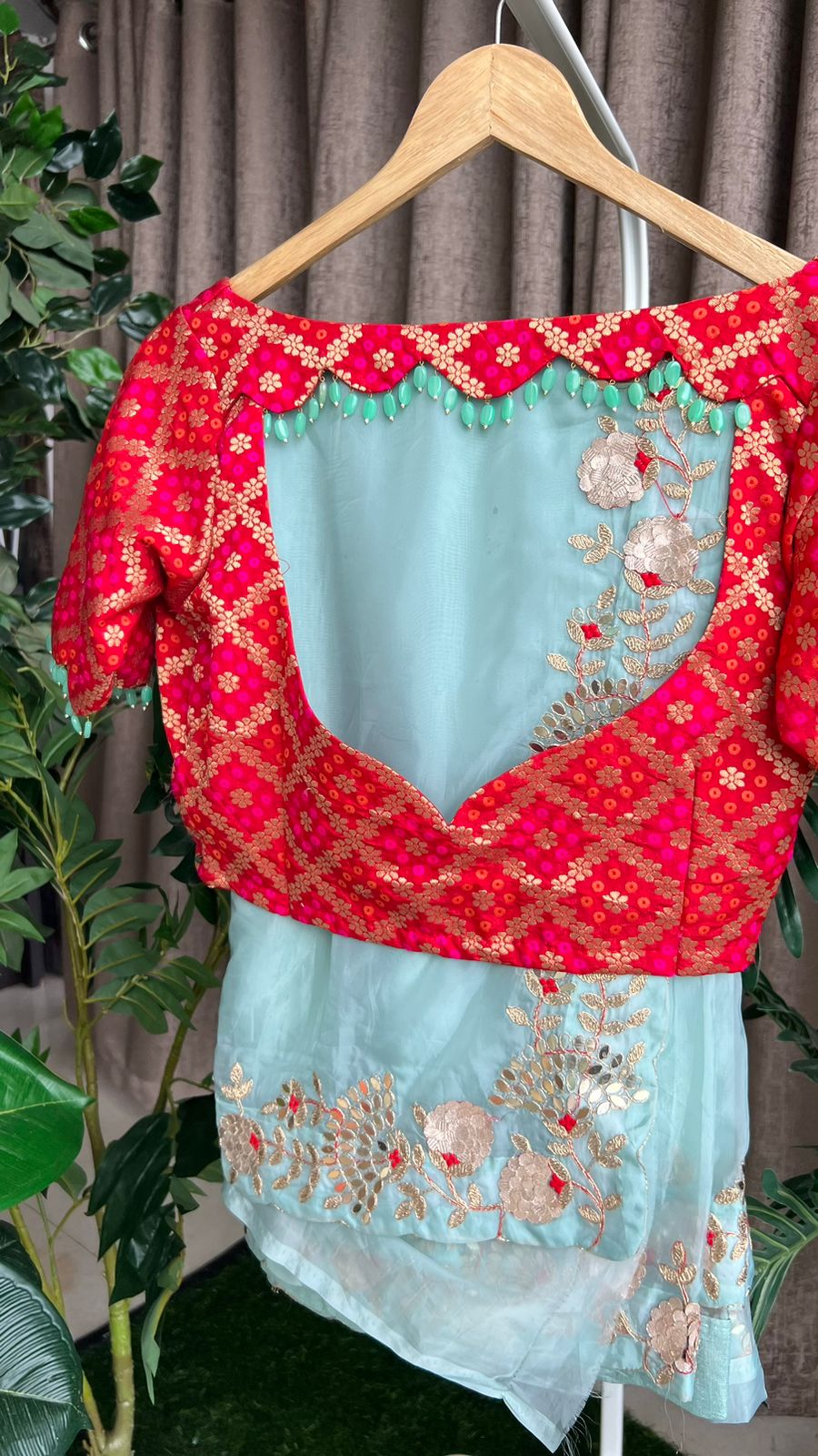 Sea blue soft organza saree with Banarasi blouse