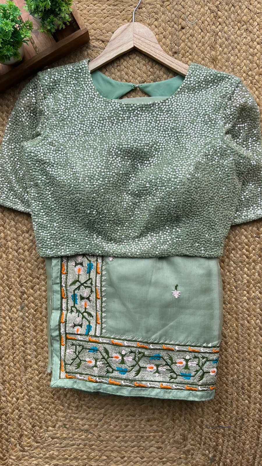 Mint soft organza designer saree with sequence blouse