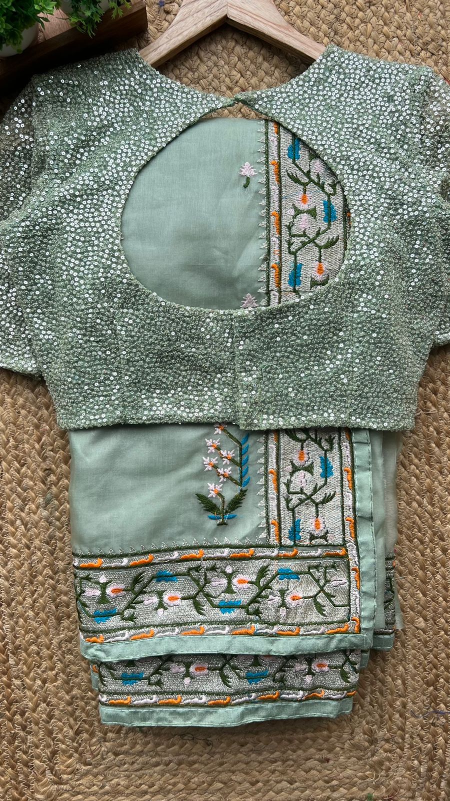 Mint soft organza designer saree with sequence blouse