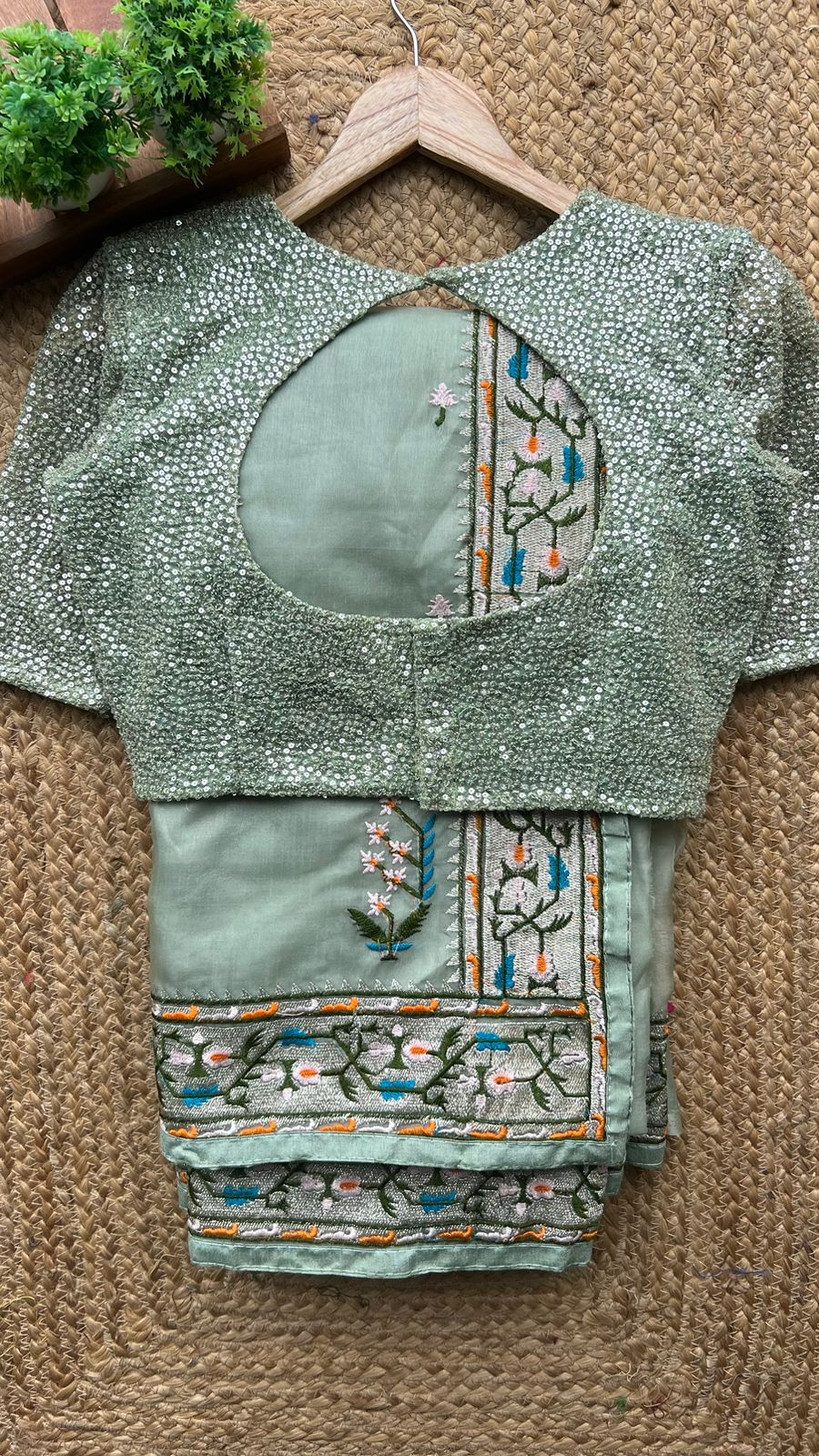 Mint soft organza designer saree with sequence blouse
