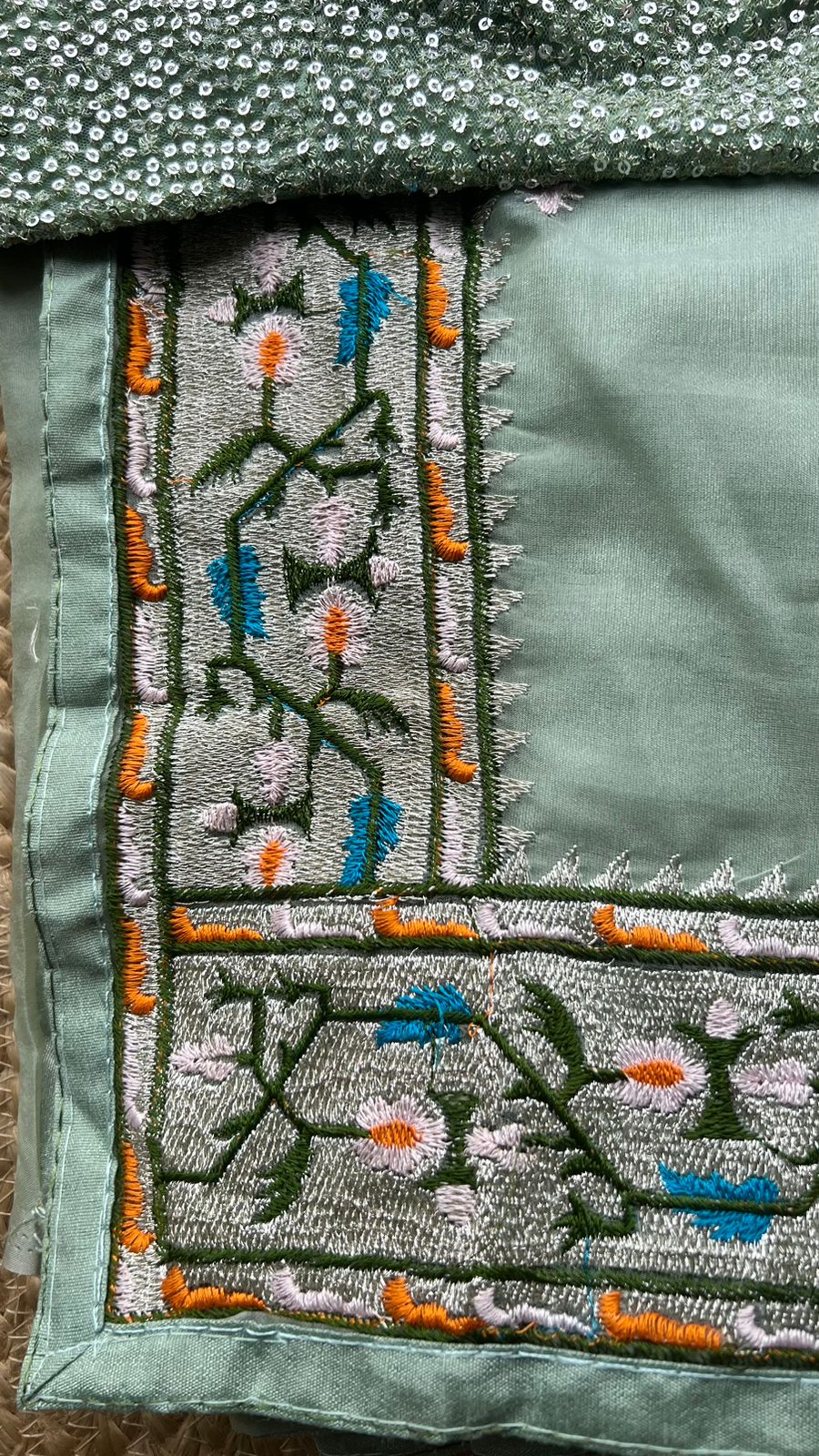Mint soft organza designer saree with sequence blouse